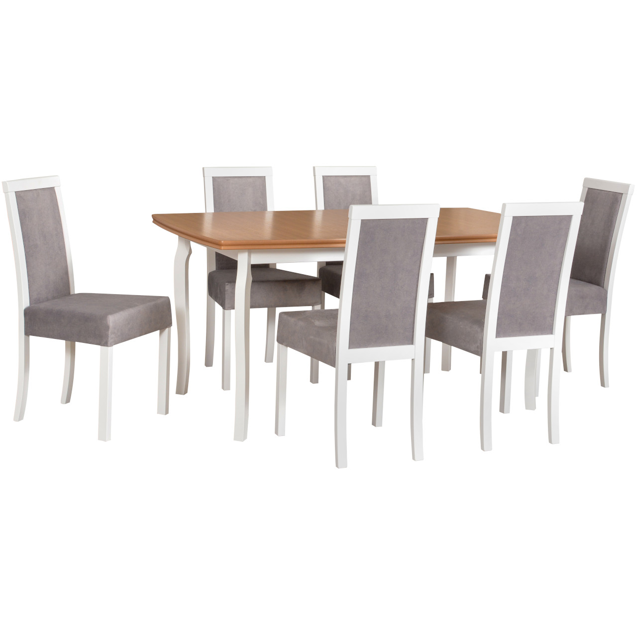 Stôl KENT 1 dubová dyha / biely + stoličky ROMA 3 (6 ks) biele / 20B