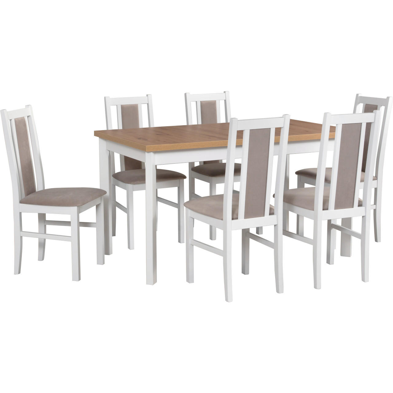 Stôl MODENA 1 P artisan laminát + stoličky BOS 14 (6 ks) biele / 3B
