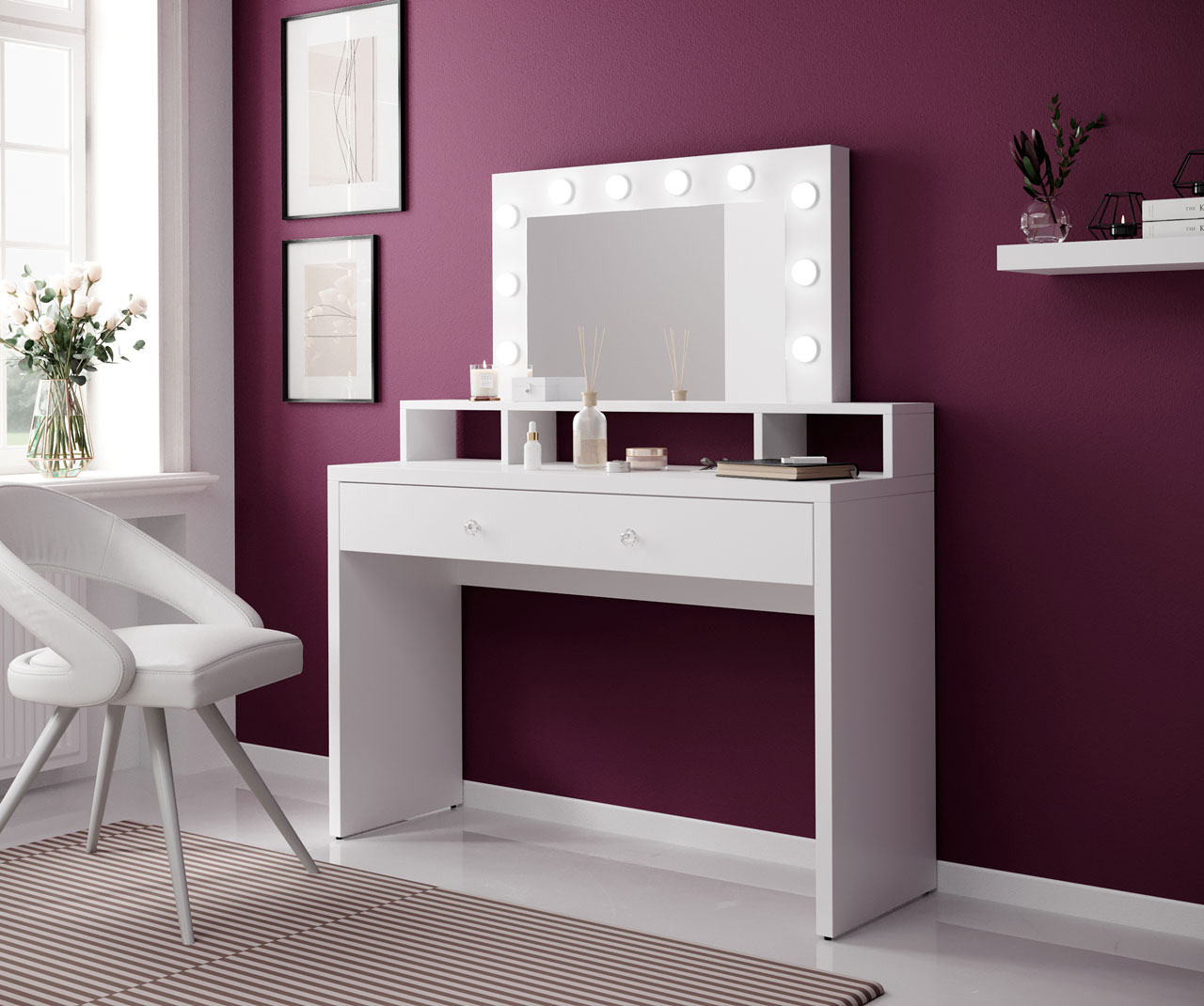 Toaletný stolík so zrkadlom a osvetlením ARIA biely / biely lesk