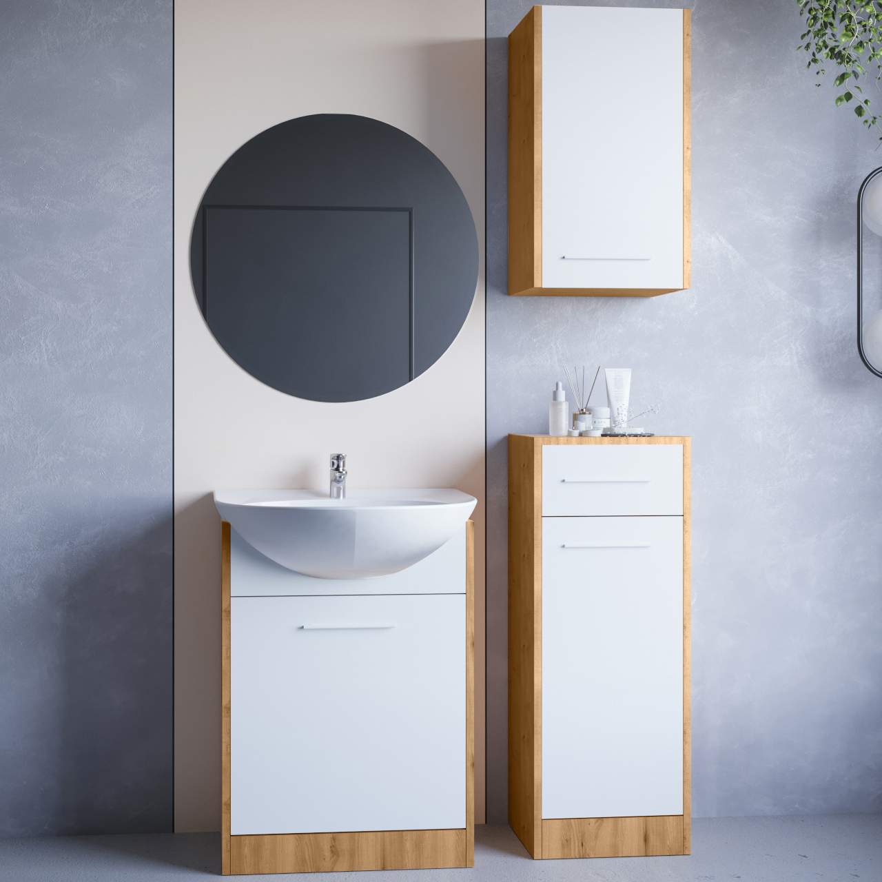 Kúpeľňový nábytok so zrkadlom NEPPA dub artisan / biely laminát