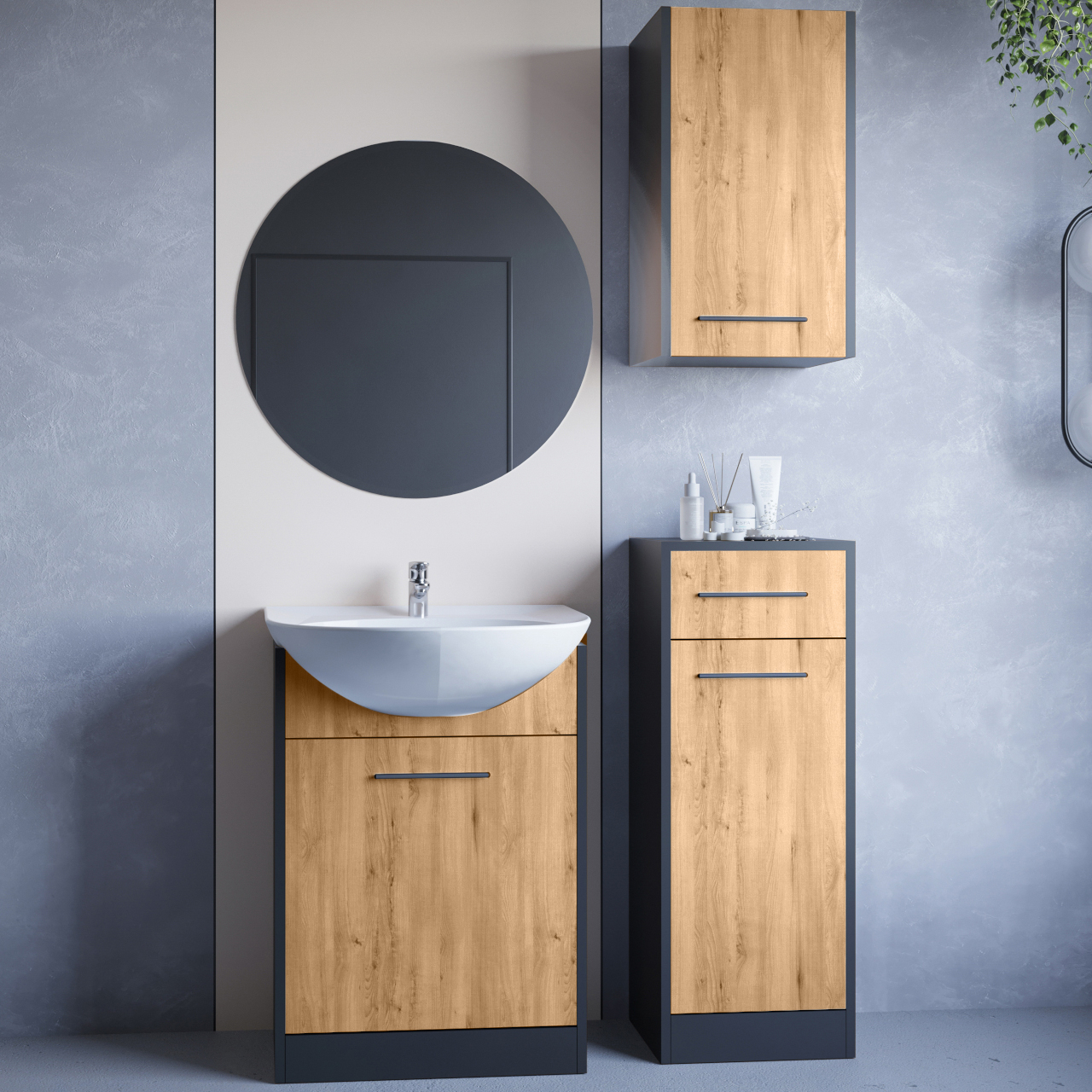 Kúpeľňový nábytok so zrkadlom NEPPA čierny / dub artisan