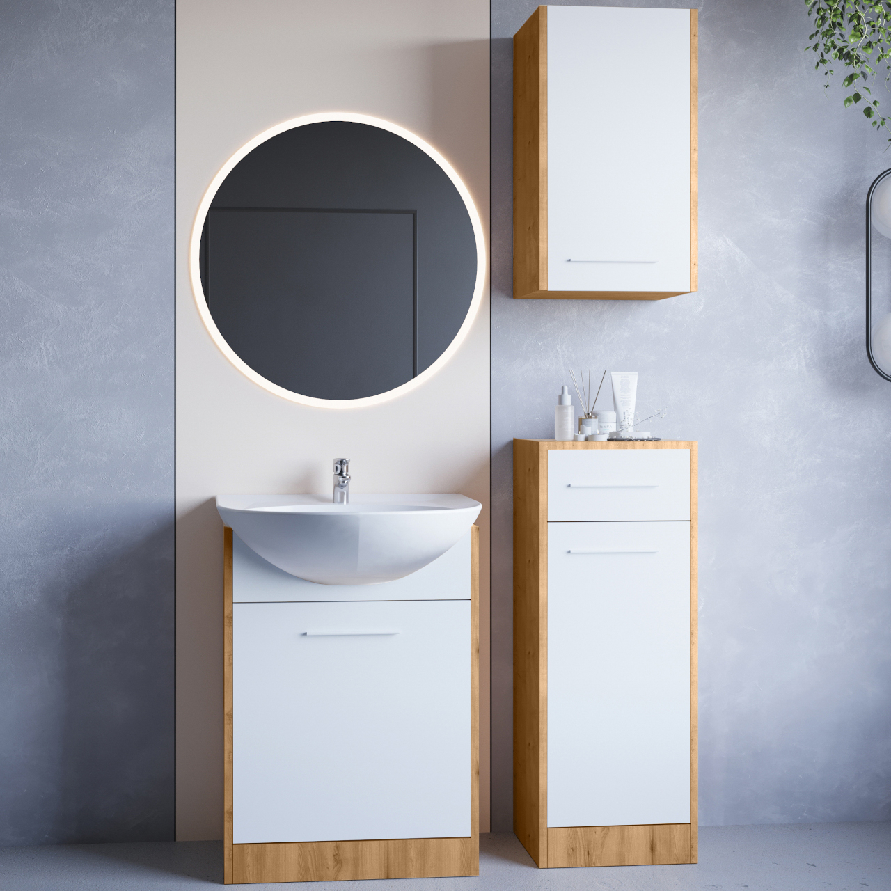Kúpeľňový nábytok so zrkadlom NEPPA LED dub artisan / biely laminát