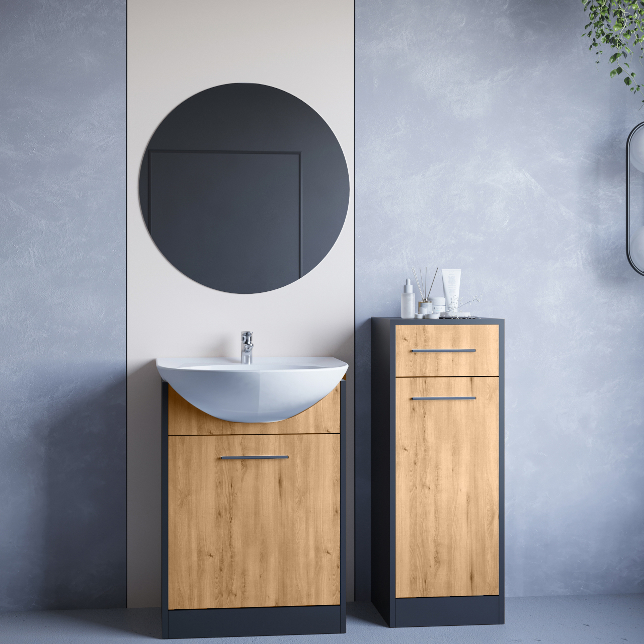 Kúpeľňový nábytok so zrkadlom NEPPA MINI čierny / dub artisan