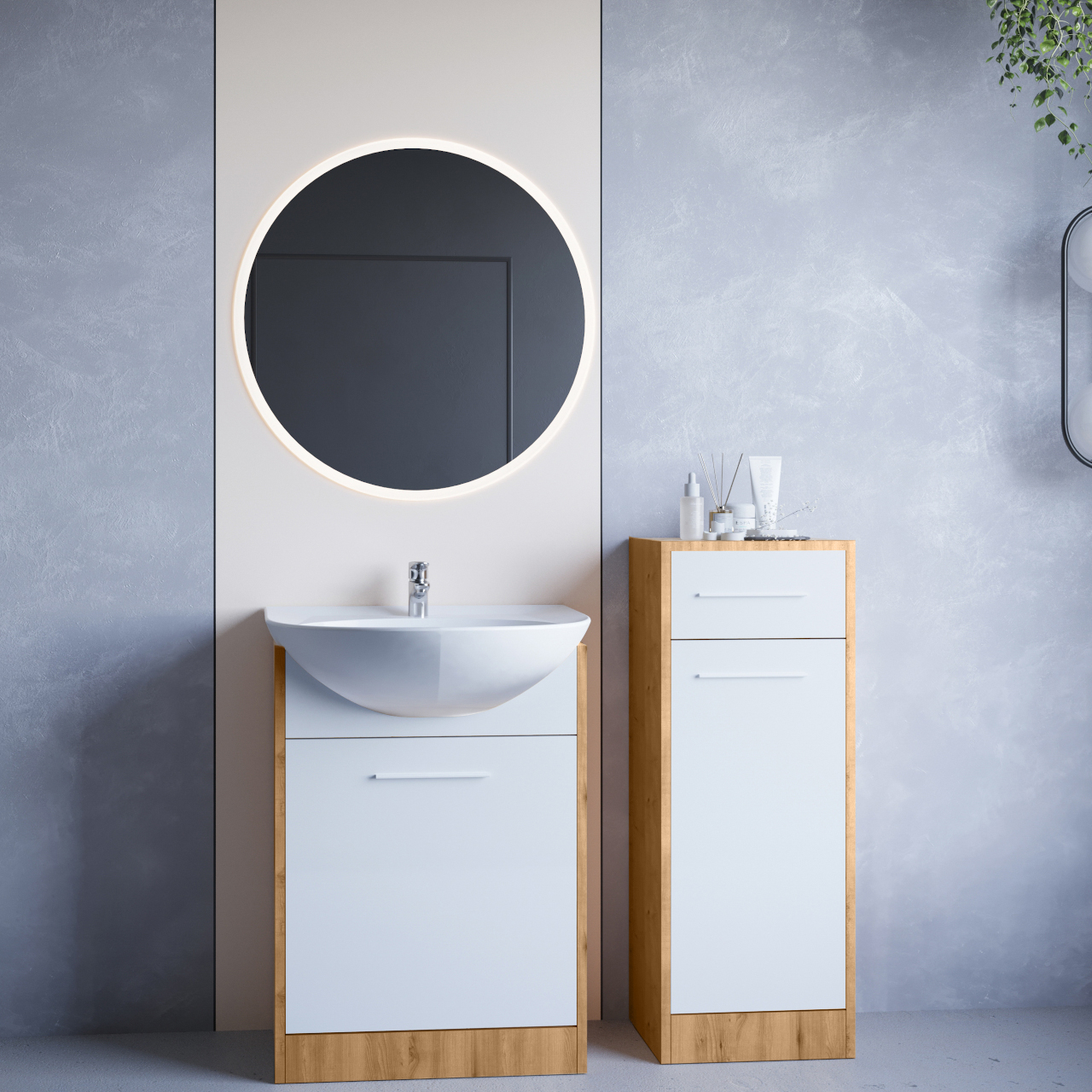 Kúpeľňový nábytok so zrkadlom NEPPA MINI LED dub artisan / biely laminát