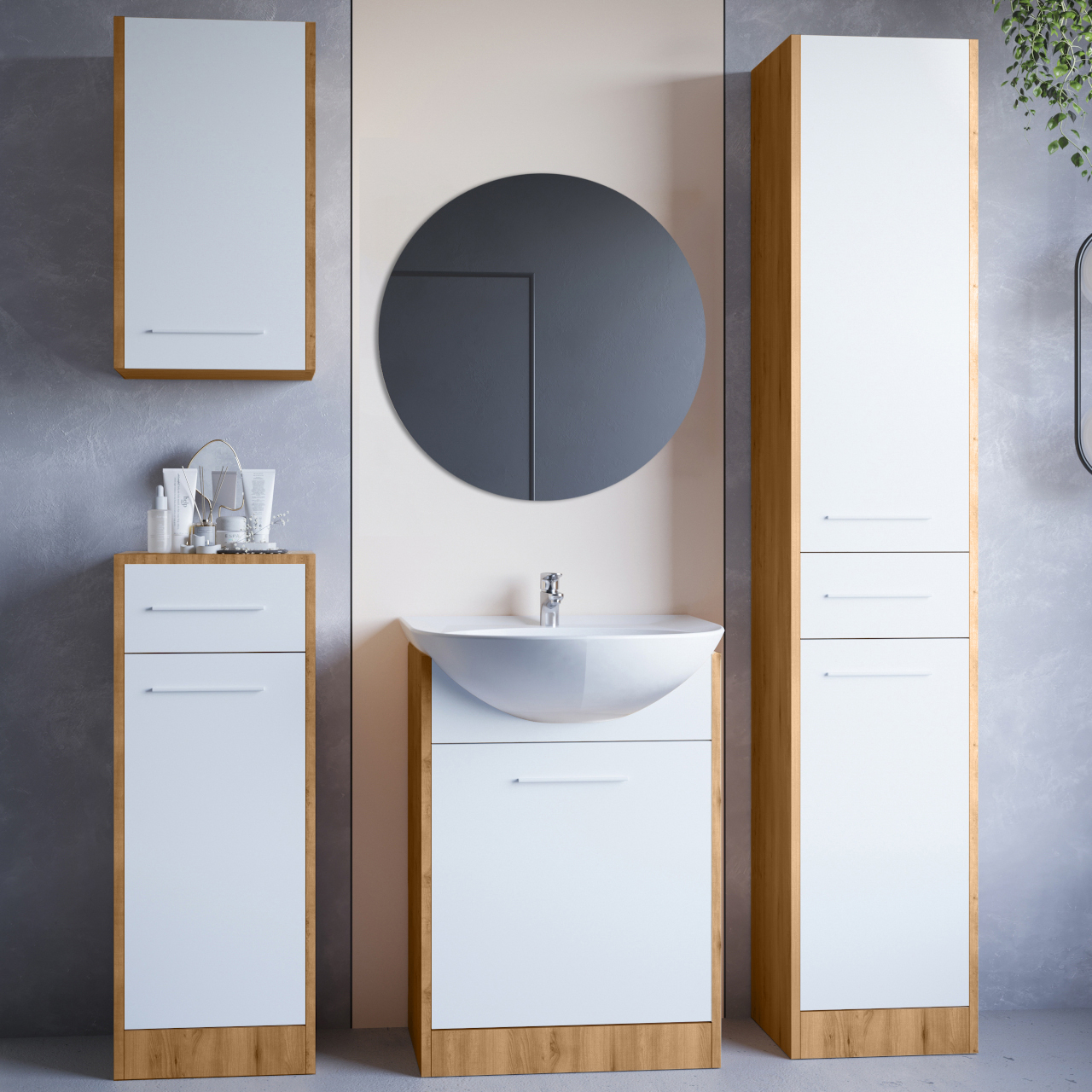 Kúpeľňový nábytok so zrkadlom SLIDO dub artisan / biely laminát
