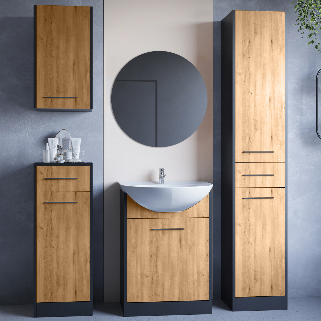 Kúpeľňový nábytok so zrkadlom SLIDO čierny / dub artisan