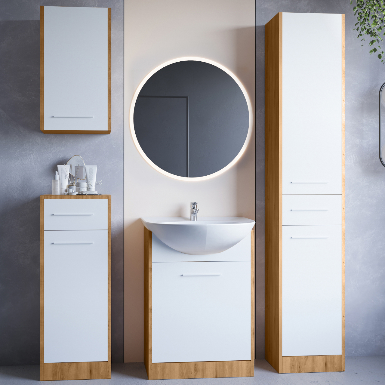 Kúpeľňový nábytok so zrkadlom SLIDO LED dub artisan / biely laminát