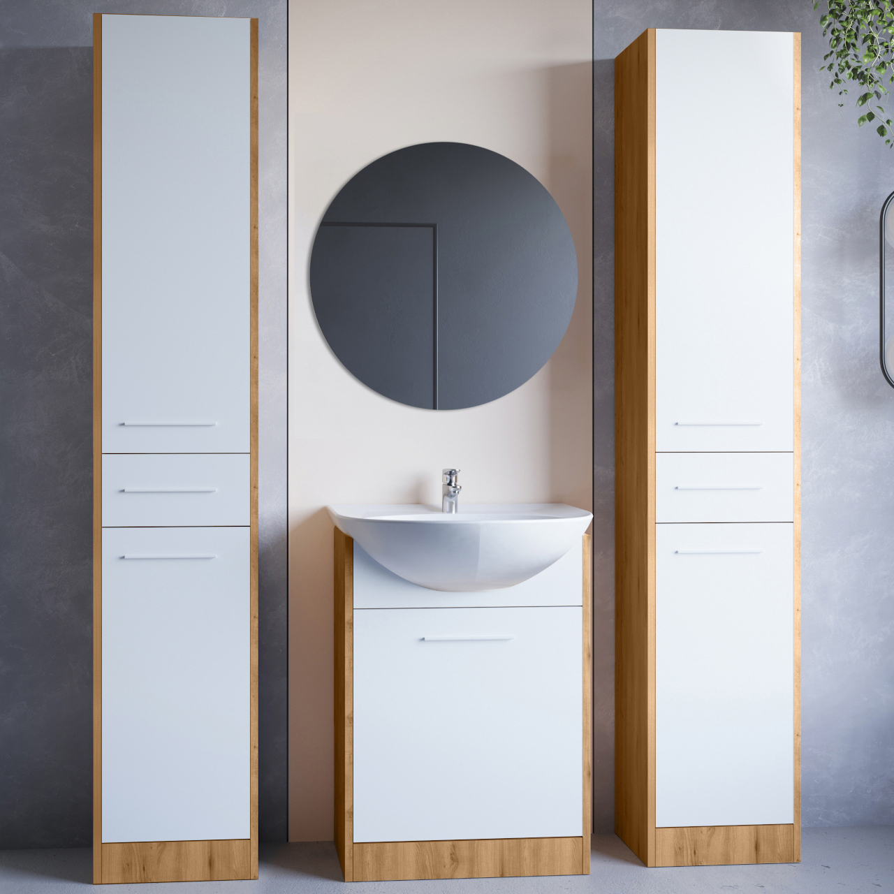 Kúpeľňový nábytok so zrkadlom SLIDO MAX dub artisan / biely laminát