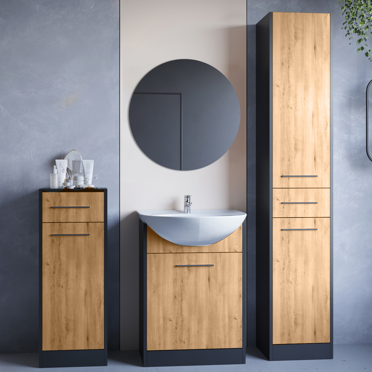 Kúpeľňový nábytok so zrkadlom SLIDO MINI čierny / dub artisan