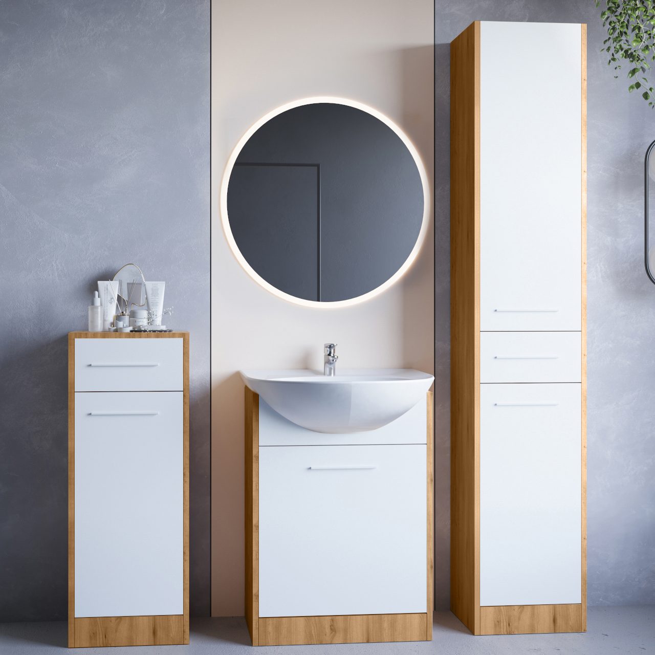 Kúpeľňový nábytok so zrkadlom SLIDO MINI LED dub artisan / biely laminát