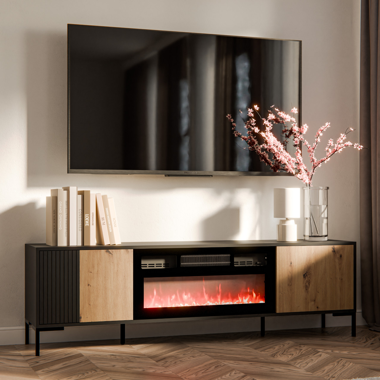 TV skrinka s krbom CIMER 08 čierna / dub artisan