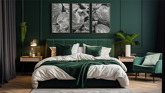 Fľaškovozelená a biela spálňa – inšpirácia pre zmyselné aranžmány